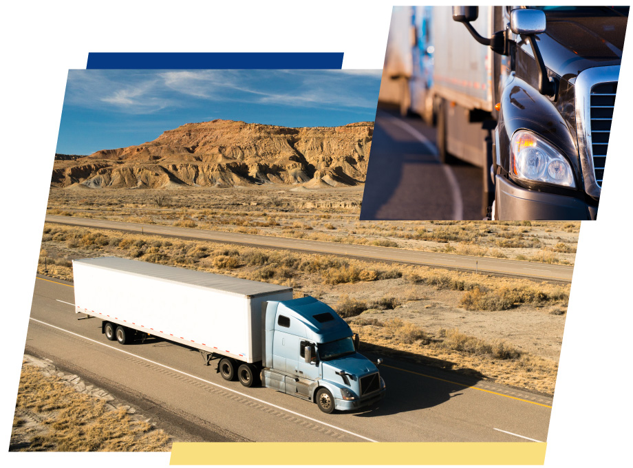 collage of a semi truck and close up shot of a truck headlight