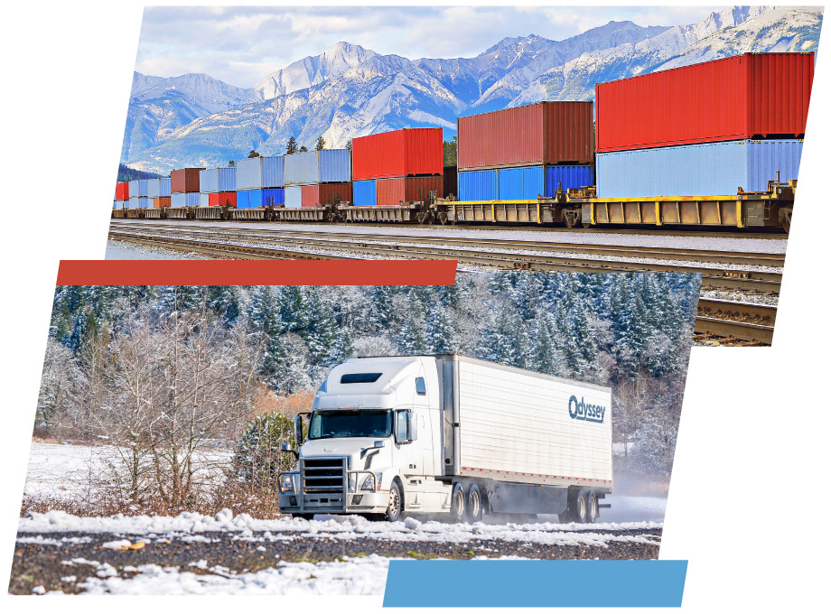 collage of double stacked containers on rail and an Odyssey truck