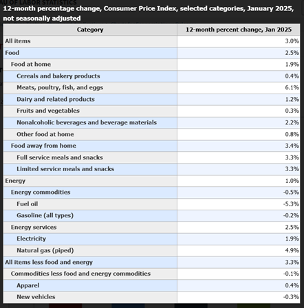 chart titled "12-month percentage change, Consumer Price Index, selected categories, January 2025, not seasonally adjusted