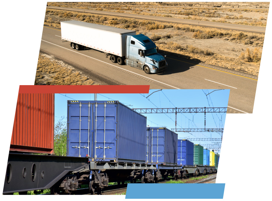 collage of semi truck and shipping containers on a rail car