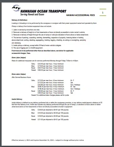 screenshot of the Hawaii Accessorial fees sheet
