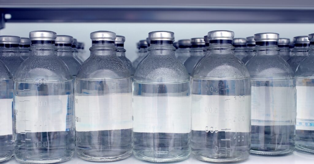 Warehouse bottles of saline solution