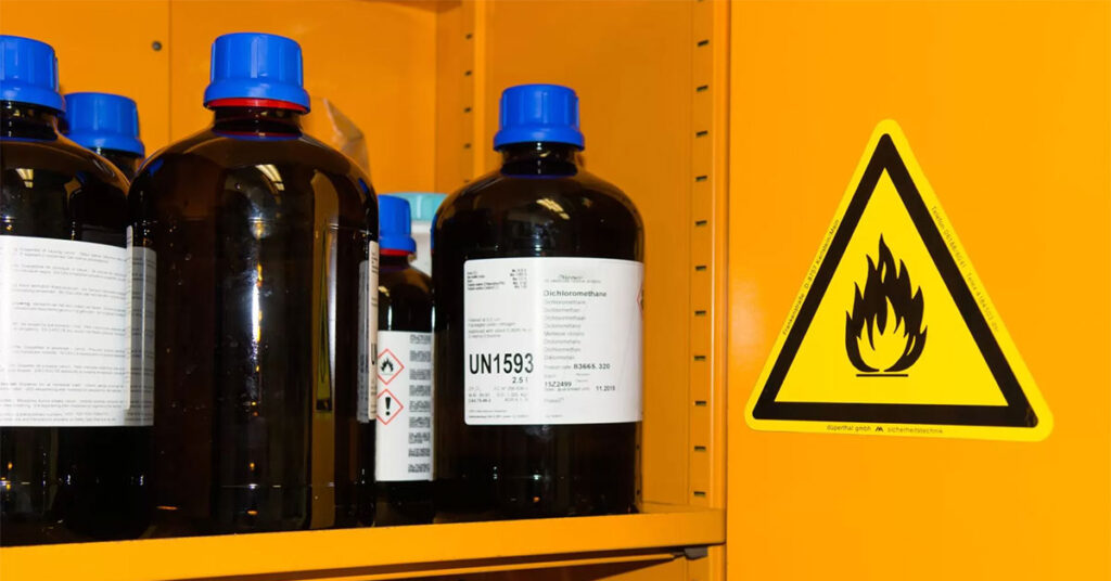 secure bottles of chemicals in a cabinet