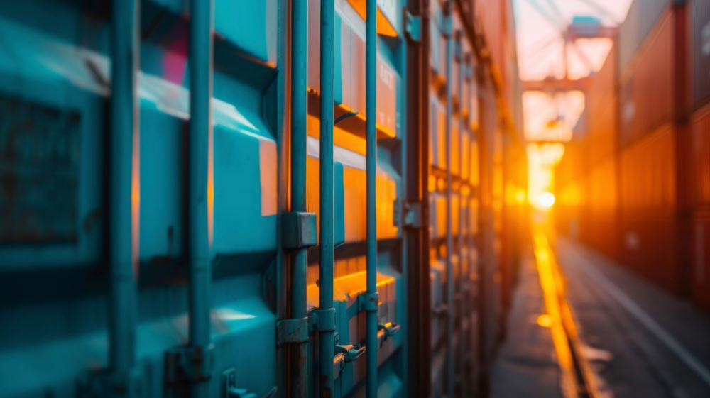 sun setting in the distance and casting a shadow on shipping containers