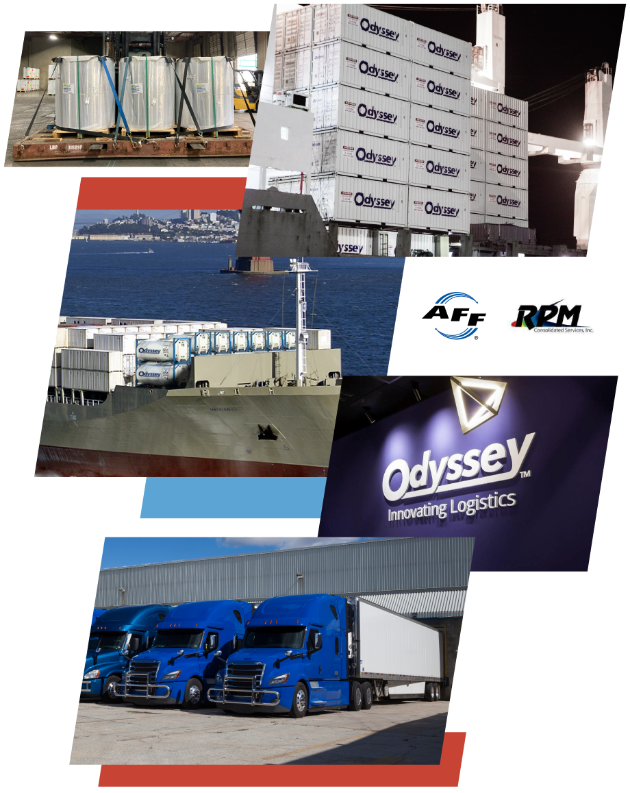 collage of metals in a warehouse, stacked shipping containers, ISO tanks and shipping containers loaded on a ship, Odyssey Innovating Logistics logo and semi-trucks and trailers parked at a loading dock