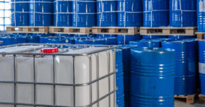 barrels of contained chemicals in a warehouse