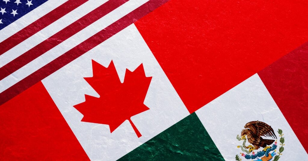 Flags from USA, Canada and Mexico to represent USMCA Agreement.