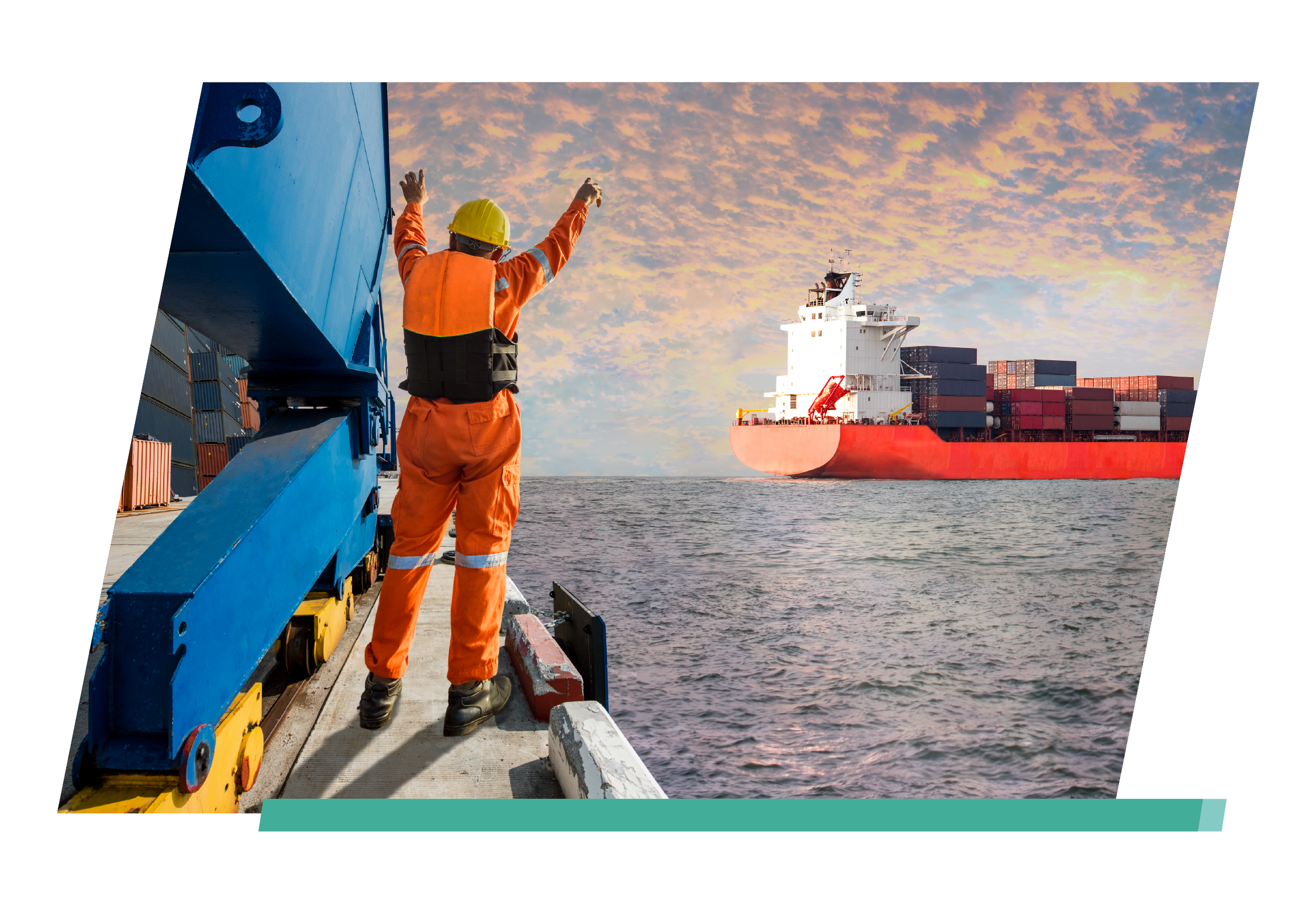 a employee working at a marine shipping dock looking at a cargo ship