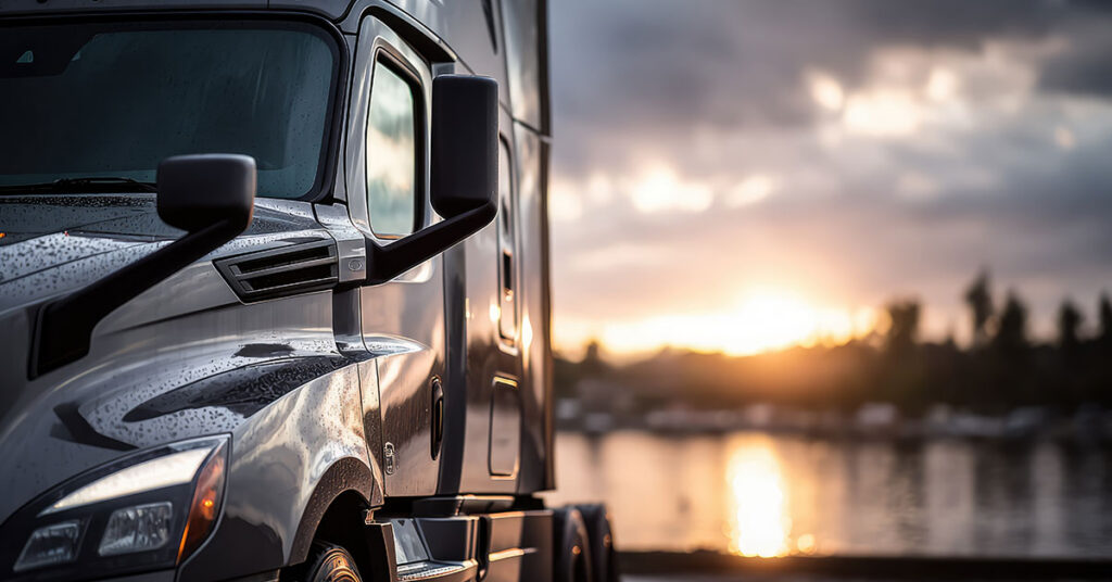 a close-up view of a semi-truck parked against a backdrop of a warm sunset
