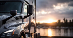 a close-up view of a semi-truck parked against a backdrop of a warm sunset