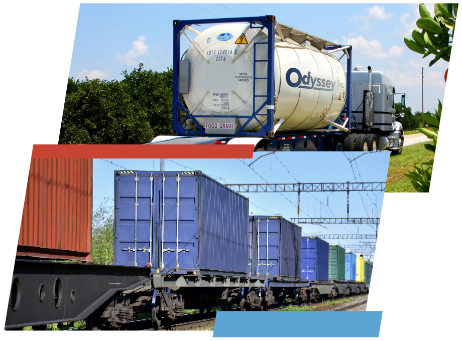 collage of an odyssey ISO tank truck trailer and shipping containers being transported on railroad
