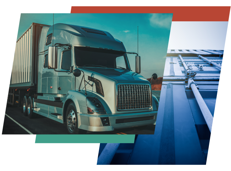 collage of a truck and close up shot of a blue shipping container