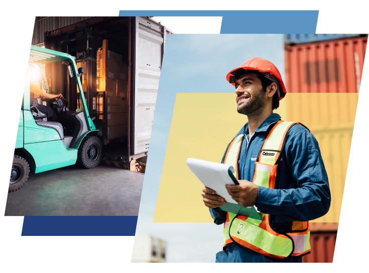 collage of vehicle moving cargo from shipping container and smiling man in an Odyssey vest with a notepad