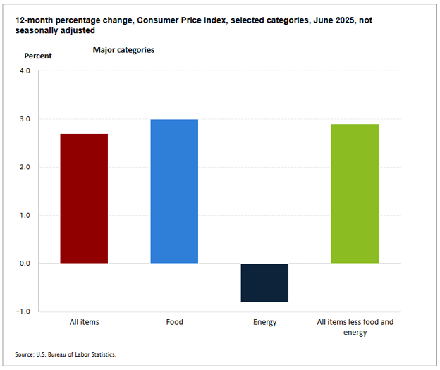 chart with 12-month percentage change, Consumer Price Index, selected categories, June 2025, not seasonally adjusted