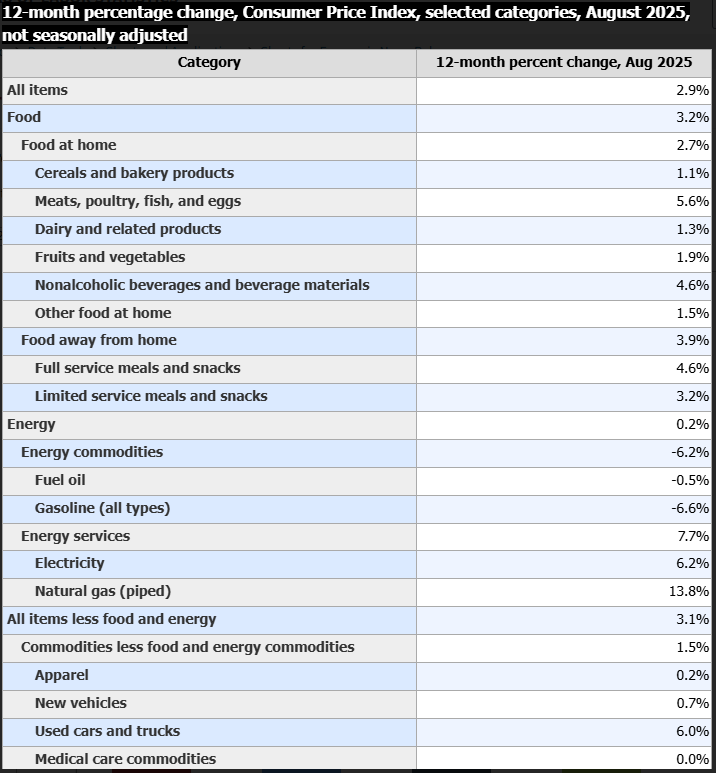 chart titled "12-month percentage change, Consumer Price Index, selected categories, August 2025, not seasonally adjusted"