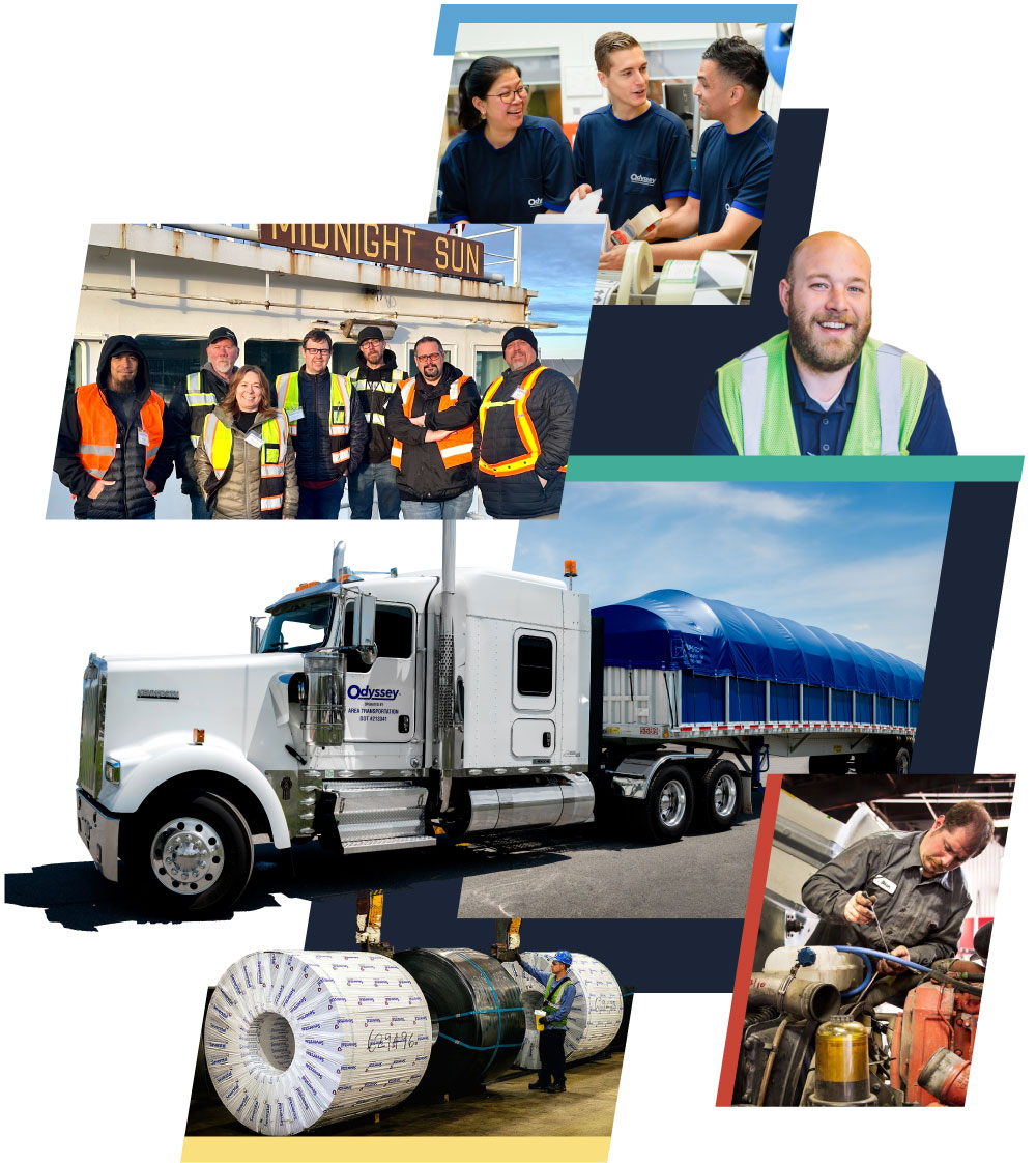 collage of Odyssey employees, a flatbed truck and load and roll pallets