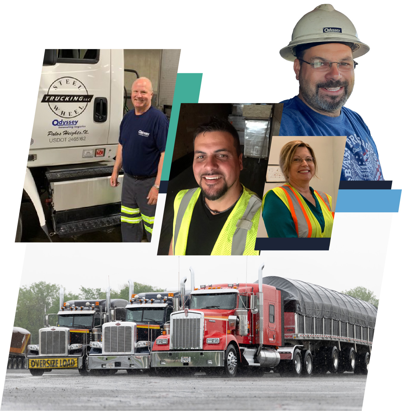 collage of Odyssey employees and flatbed trucks