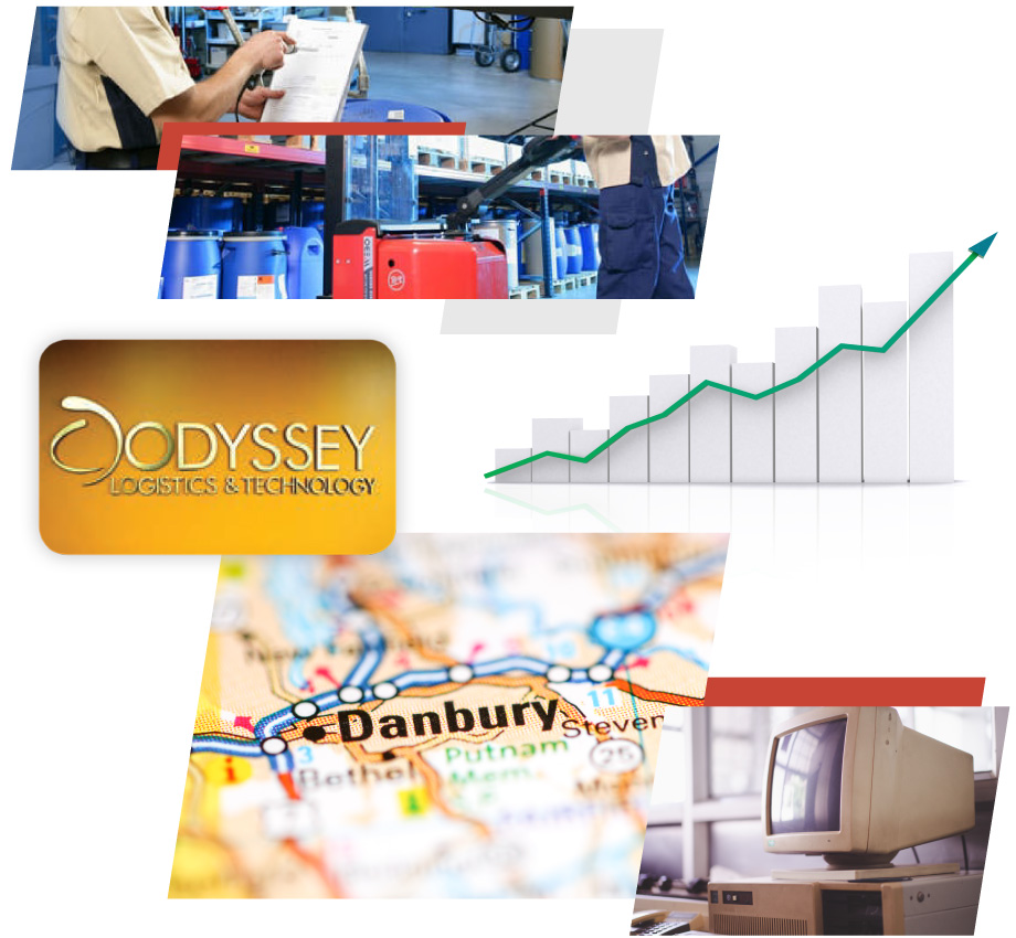 collage of warehouse, Odyssey office, and map of Danbury