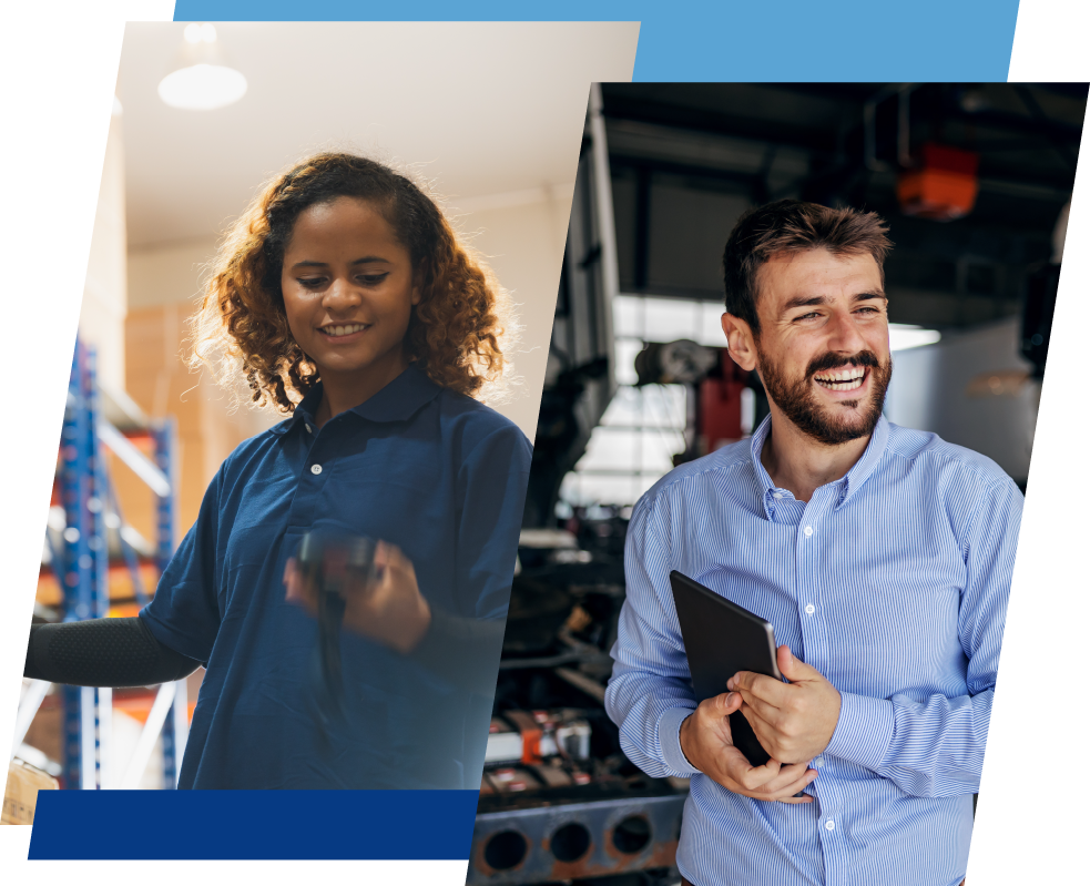 a collage of a woman holding a handheld device within a warehouse and a man holding a tablet in a warehouse