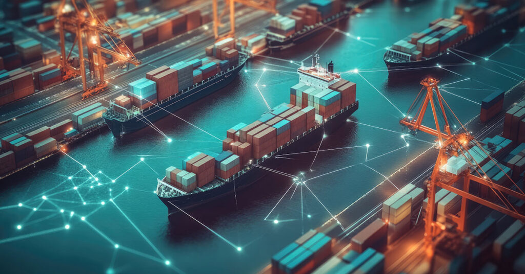 Digital network nodes connecting cargo ships and containers in a logistics port