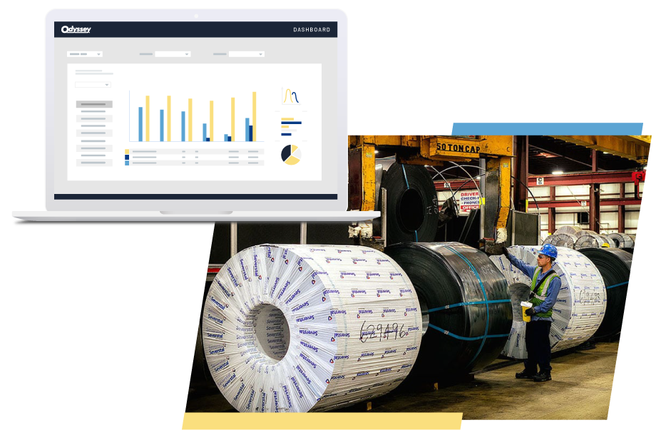 collage showing load and roll pallet technology and Odyssey dashboard