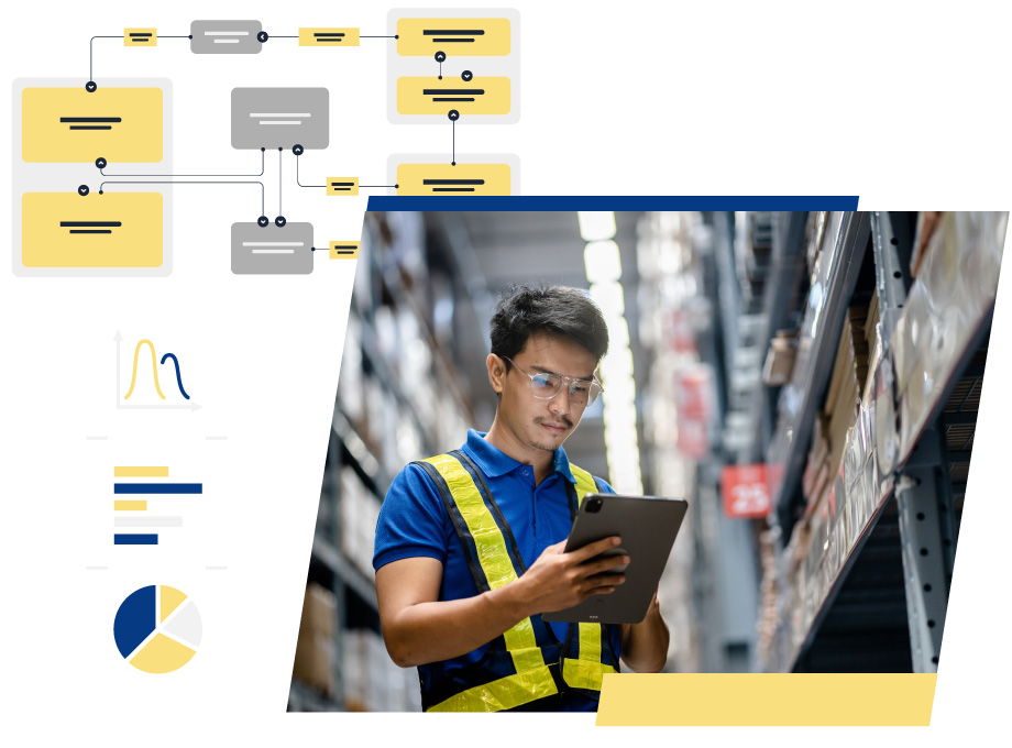 Man on a tablet in a warehouse alongside graphics showing data and processes