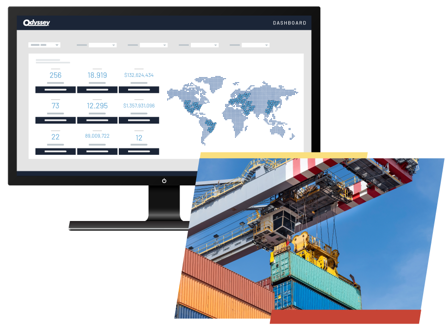 collage of a computer monitor with an Odyssey dashboard displaying and a photo of shipping containers being moved by a crane